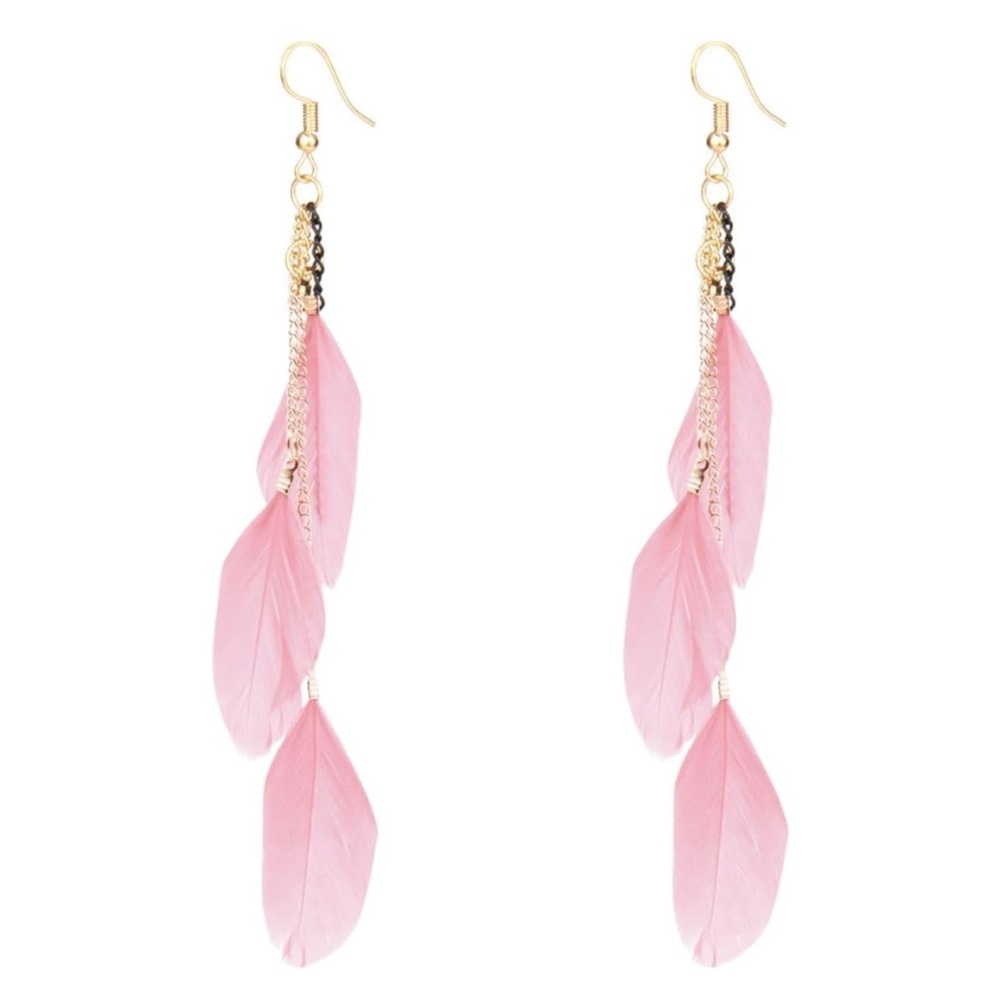 Beautiful Light Pink Feather Boho Earrings with Gold Accent